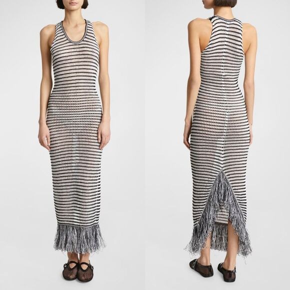 ALAIA Striped Crochet-Knit Sleeveless Maxi Dress With Fringe Hem Size US6 $2830